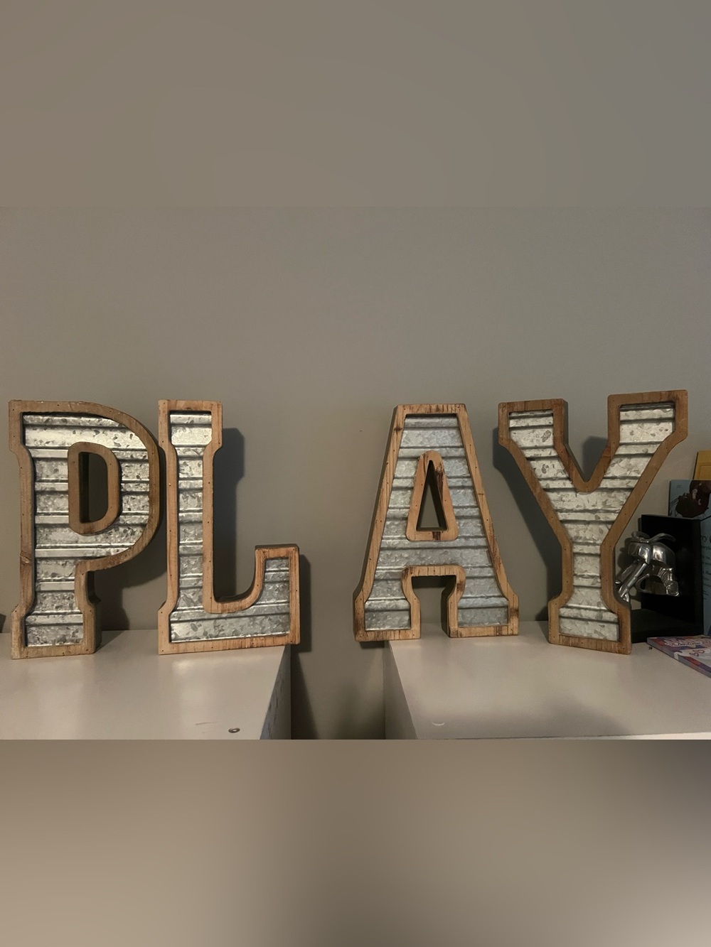 Hobby Lobby PLAY Letters Wood Galvanized Metal Rustic Wall Decor 14”